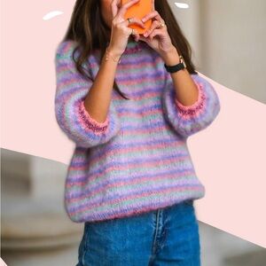 Rose Carmine Hand Knit Sweater Stripes Pastel Size 2